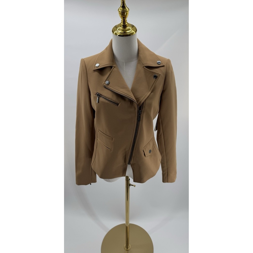 DKNY Women's Petite Studded Sleeves Asymmetric Moto Jacket Truffle Size 6P NWT